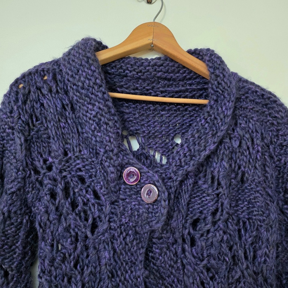 Hand knit Chunky Split Sweater Sz M Purple Asymmetric Whimsigoth Cottage Fairy - Picture 3 of 12